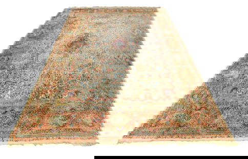 RUG: Semi-Antique Persian Kirman palace size carpet, 13' 6" x 19' 6", wool on cotton, floral design: RUG: Semi-Antique Persian Kirman palace size carpet, 13' 6" x 19' 6", wool on cotton, floral design in cream, pink, and blue, overall good condition, with wear consistent of age and use, including los