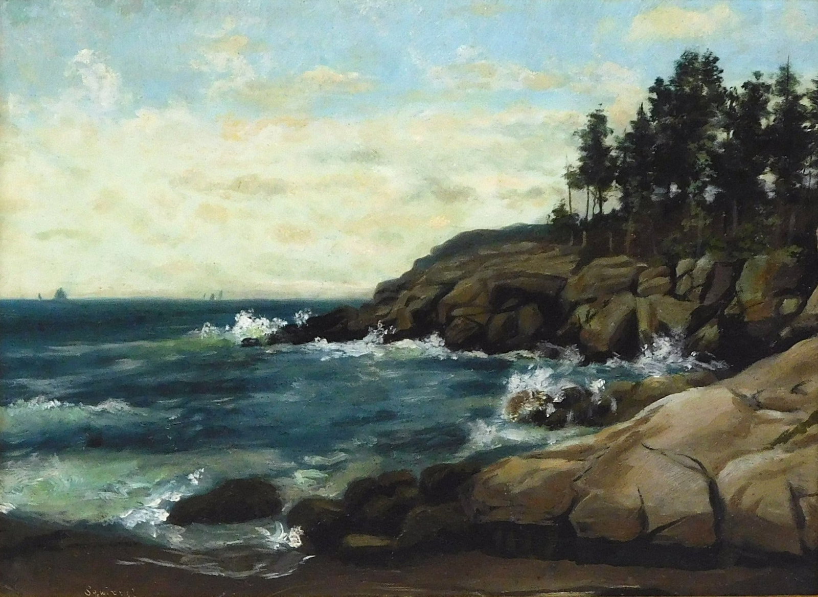 Ben Foster (Maine / Connecticut / New York, 1852-1926), "Study from Nature" (Squirrel Island,: Ben Foster (Maine / Connecticut / New York, 1852-1926), "Study from Nature" (Squirrel Island, Maine), oil on board, coastal scene with ships in distance, signed lower left over inscribed "squirrel", t