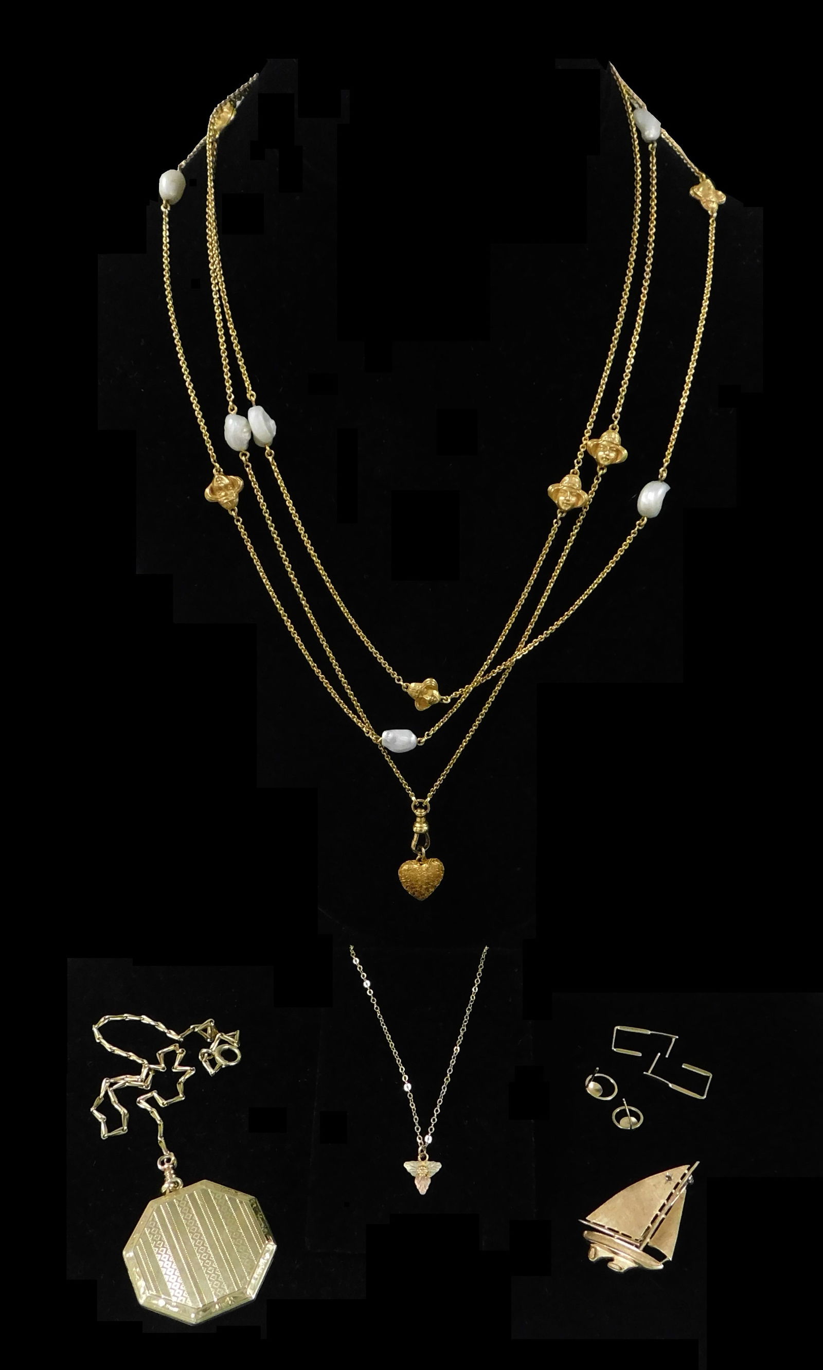 JEWELRY: 14k gold, six pieces including a monogrammed locket with chain, a cherub linked necklace: JEWELRY: 14k gold, six pieces including a monogrammed locket with chain, a cherub linked necklace with pearls, a sailboat pin, two small pair of post earrings, and a floral pendant (pendant in 10k) we