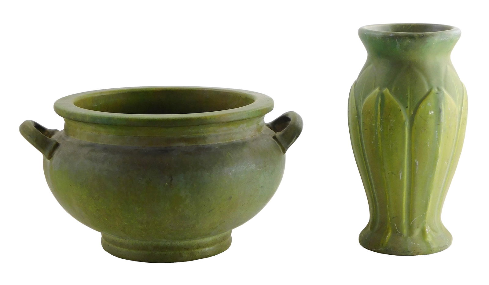 Two pieces of early Roseville pottery, Velmoss and Carnelian, both unsigned, details include: Art No (1 of 5)