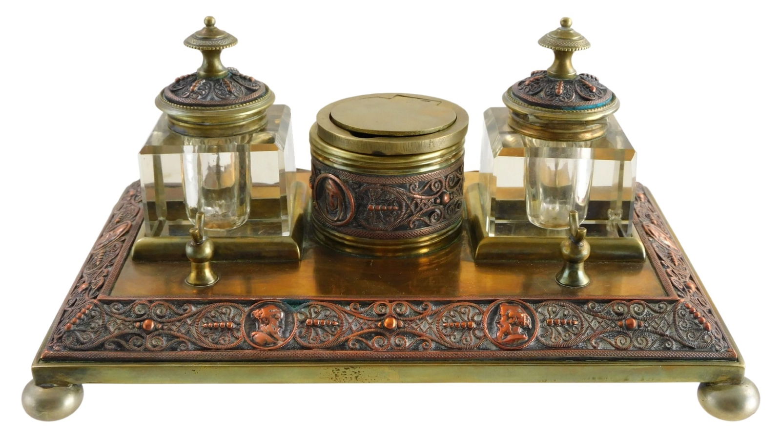 Arts and crafts style brass and copper inkstand, late 19th C., double pen stand, bottle brass (1 of 5)