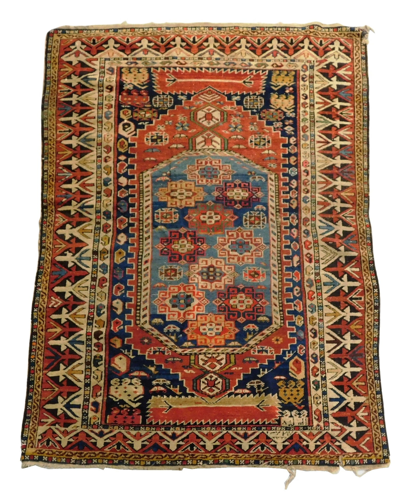 Antique Caucasian Shirvan, early 20th C., blue medallion in orange field, some raveling and corner (1 of 5)