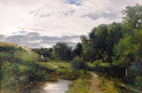 William McDougal Hart (New York / Scotland, 1823-1894), "Rural Scene near Hamilton, Lanarkshire, 10: William McDougal Hart (New York / Scotland, 1823-1894), "Rural Scene near Hamilton, Lanarkshire, 10 Miles from Glasgow", late 19th C., oil on board, depicting a stream, with figures walking by, signed