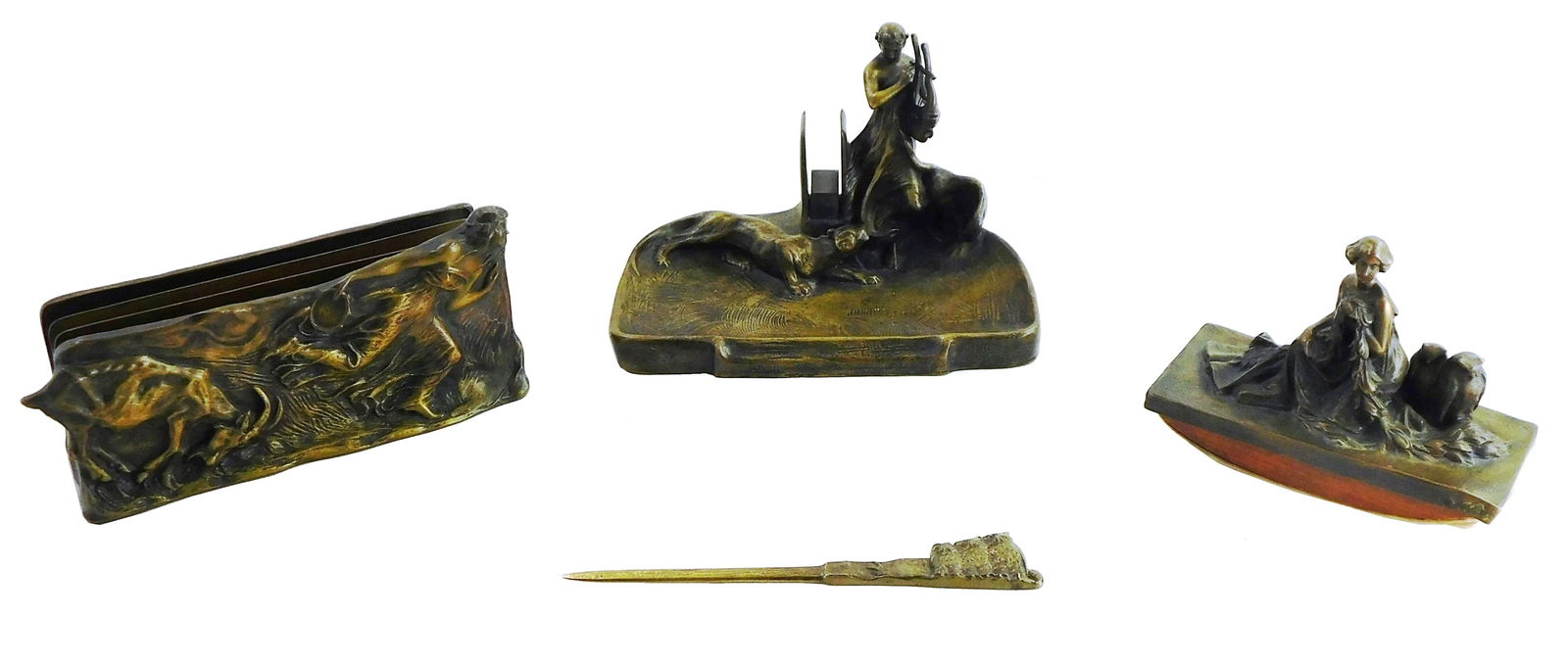 DESK SET: four pieces, bronze or bronze type, figural, letter holder with a woman and goat, blotter (1 of 6)