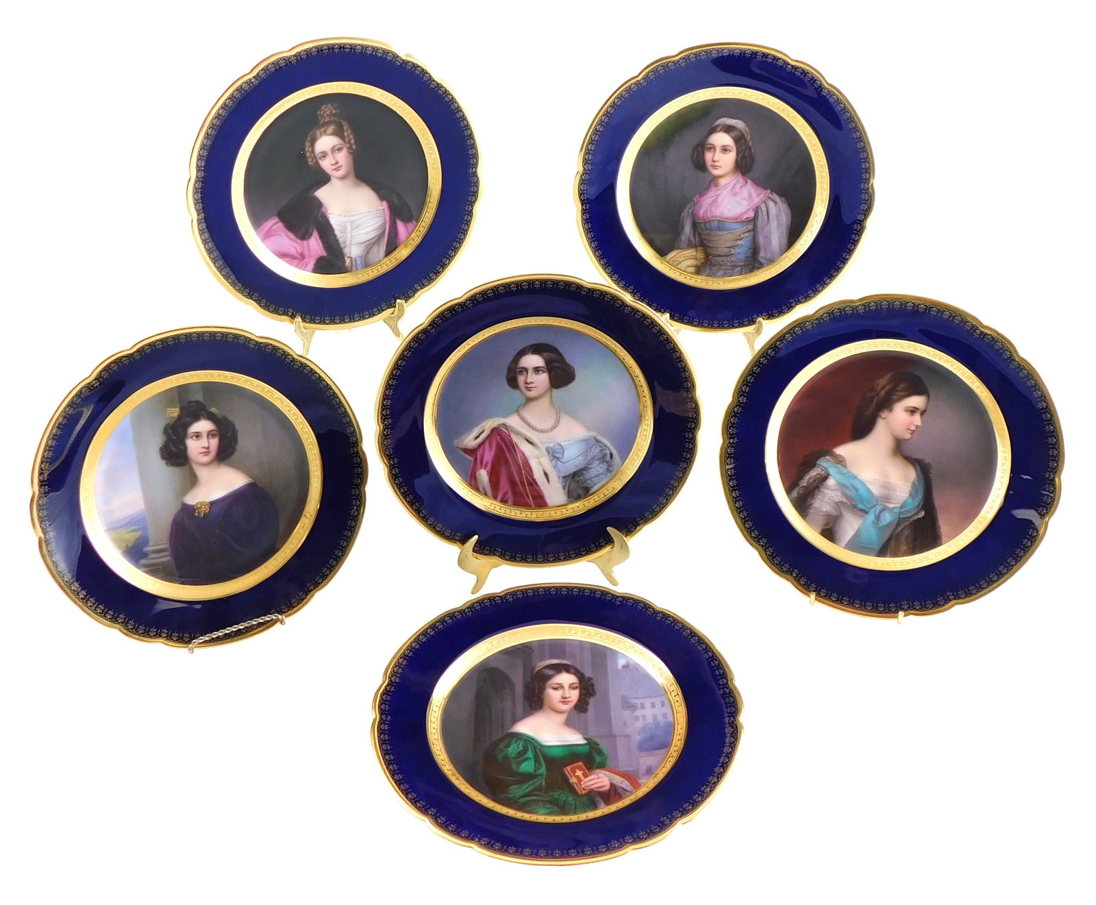 Six Franz Xaver Thallmaier "Munich" cabinet plates, cobalt and gilt rim with hand painted portraits (1 of 6)