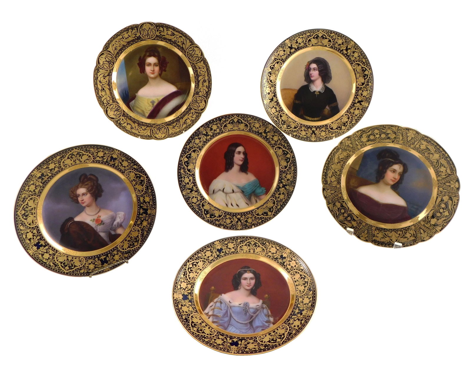 Six Franz Xaver Thallmaier "Munich" cabinet plates, cobalt and gilt rim, swan and floral pattern in (1 of 3)