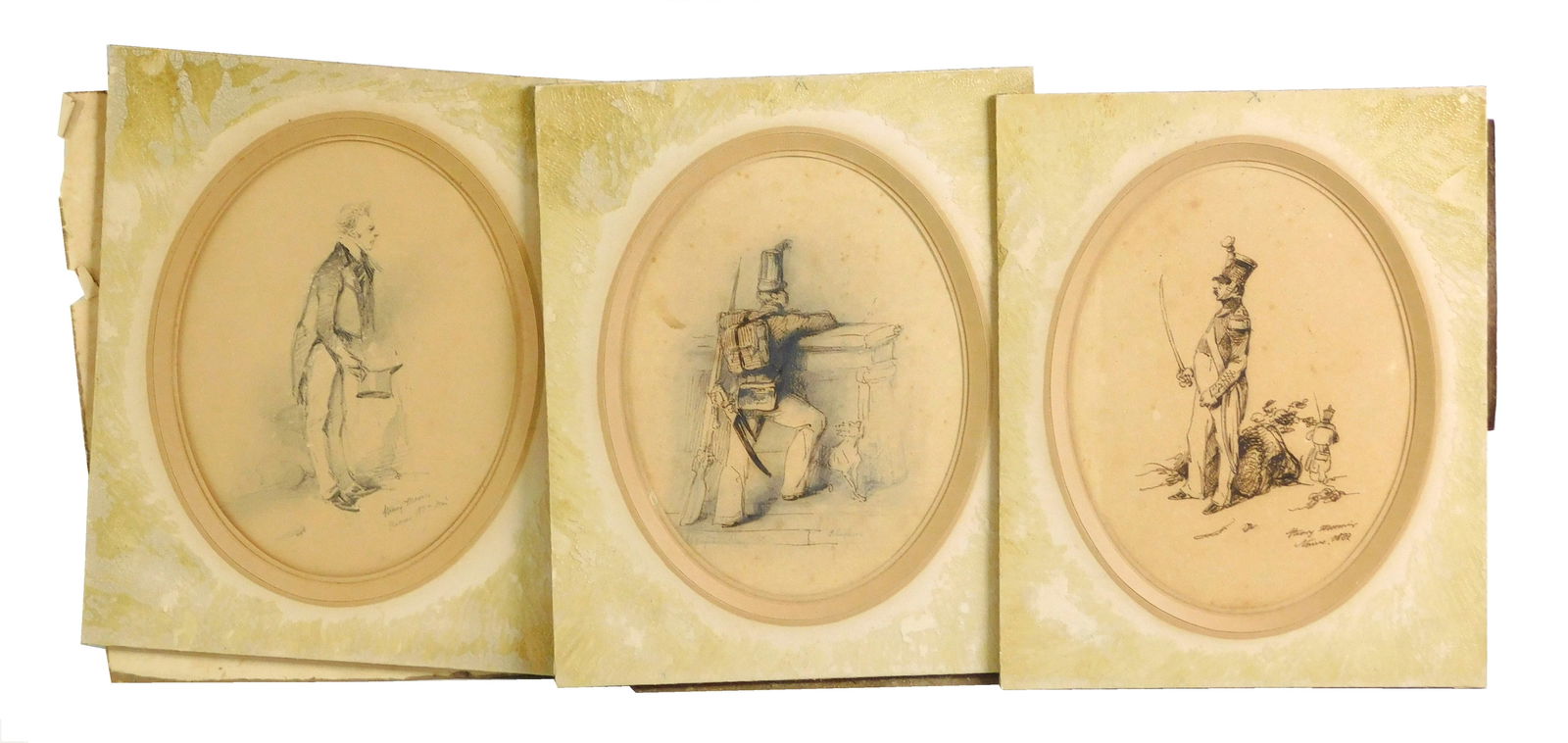 Henry Bonaventure Monnier (French, 1799–1877), three sketches of men, including: two sketches of: Henry Bonaventure Monnier (French, 1799–1877), three sketches of men, including: two sketches of soldiers, ink on paper, one of a soldier on a battlefield over a dead body with saber in hand, the ot