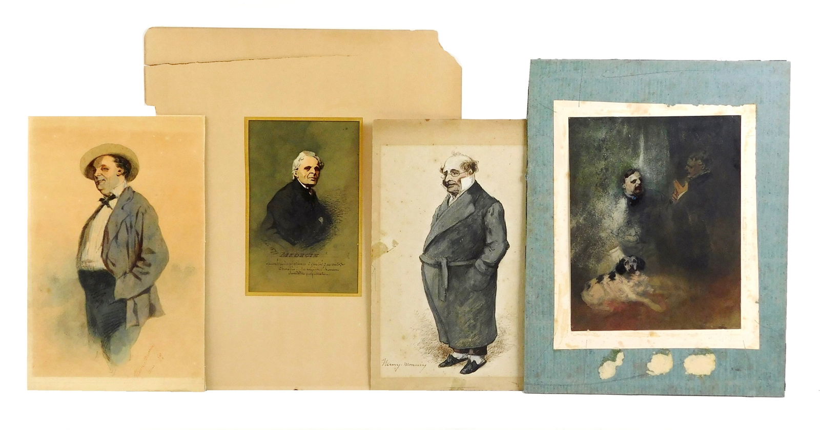 +Henry Bonaventure Monnier (French, 1799–1877), lot of four watercolors, including: "Portrait de: +Henry Bonaventure Monnier (French, 1799–1877), lot of four watercolors, including: "Portrait de Medecin", 1871, titled and inscribed lower front, laid front to mat, damage to mat, paper size: 7 3/4