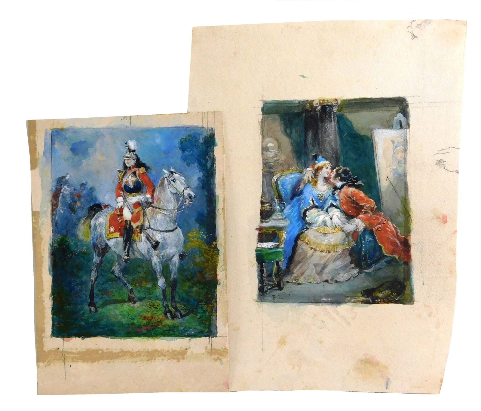 Eugène Louis Lami (French, 1800-1890), two oil paintings on paper, both initialed lower left, (1 of 6)