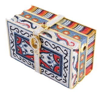DESIGNER: Vintage Judith Leiber purse, accompanied by book on Judith Leiber purses, including:: DESIGNER: Vintage Judith Leiber purse, accompanied by book on Judith Leiber purses, including: "Minaudiere" book form purse, c. 1975, multicolor Swarovski crystals affixed to stack of three books, gol