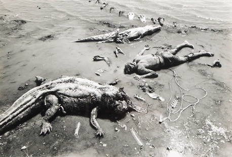 PHOTOGRAPHY: Peter Hill Beard (American, 1938 - 2020), "Croc", c. 1968, unframed silver gelatin: PHOTOGRAPHY: Peter Hill Beard (American, 1938 - 2020), "Croc", c. 1968, unframed silver gelatin print, depicts beached post-mortem remains of two crocodiles and man, bones, skulls and garbage litter t