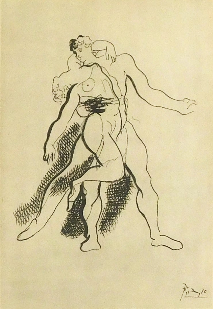 Pablo Picasso (Spanish, 1881-1973), etching from "Grâce et Mouvement", 1943, featuring two nude: Pablo Picasso (Spanish, 1881-1973), etching from "Grâce et Mouvement", 1943, featuring two nude figures entwined in a dance position, signed in plate "Picasso 10", framed behind glass, laid to paper,