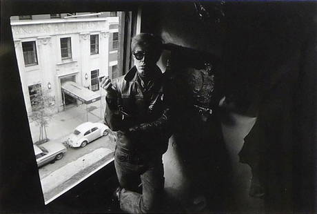 PHOTOGRAPHY: Steve (Stephen) Balkin (American, 1938- 2023), "Andy at 47th St. Studio, 1964", silver: PHOTOGRAPHY: Steve (Stephen) Balkin (American, 1938- 2023), "Andy at 47th St. Studio, 1964", silver gelatin print of young Andy Warhol, framed behind glass, signed by photographer "S. Balkin" lower ri