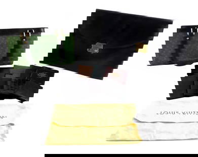 TEXTILE: Louis Vuitton, Hermes, etc., purses, bags, wallets, and passport holders, including: Louis: TEXTILE: Louis Vuitton, Hermes, etc., purses, bags, wallets, and passport holders, including: Louis Vuitton Mini Lin Lucille PM green purse, French 20th C., black canvas and leather straps, green canv
