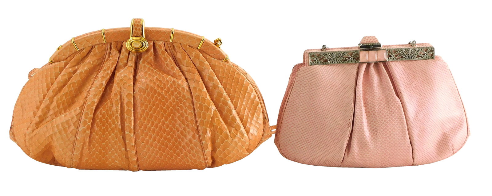 DESIGNER: Two vintage Judith Leiber handbags, c. 1950-1970, including: peach snakeskin handbag, with (1 of 7)