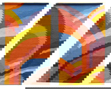 Alexandra Friedman (American, 1947-), "Arches #1" and "Arches #2", 1985, wool weaving tapestries,: Alexandra Friedman (American, 1947-), "Arches #1" and "Arches #2", 1985, wool weaving tapestries, two mid-century modern pieces with multi-color geometric designs, signed and dated in black marker on