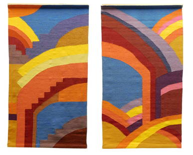 Alexandra Friedman (American, 1947-), "Arches #1" and "Arches #2", 1985, wool weaving tapestries,: Alexandra Friedman (American, 1947-), "Arches #1" and "Arches #2", 1985, wool weaving tapestries, two mid-century modern pieces with multi-color geometric designs, signed and dated in black marker on