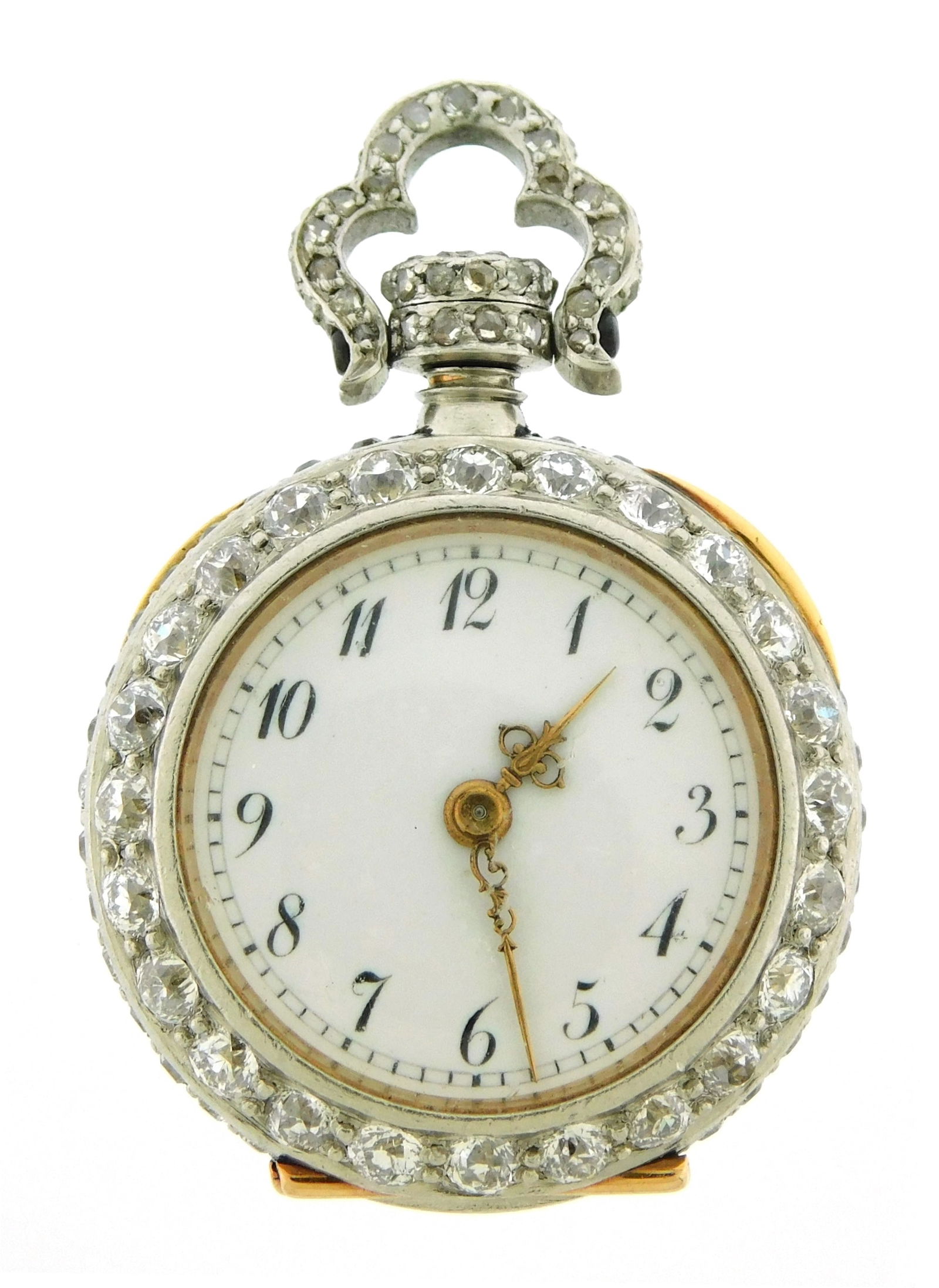 JEWELRY: Diamond watch pendant, tested platinum over stamped yellow gold pendant watch with open (1 of 2)