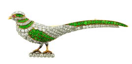 JEWELRY: Antique pheasant brooch with demantoid garnets and diamonds, early 20th C., tested 18K