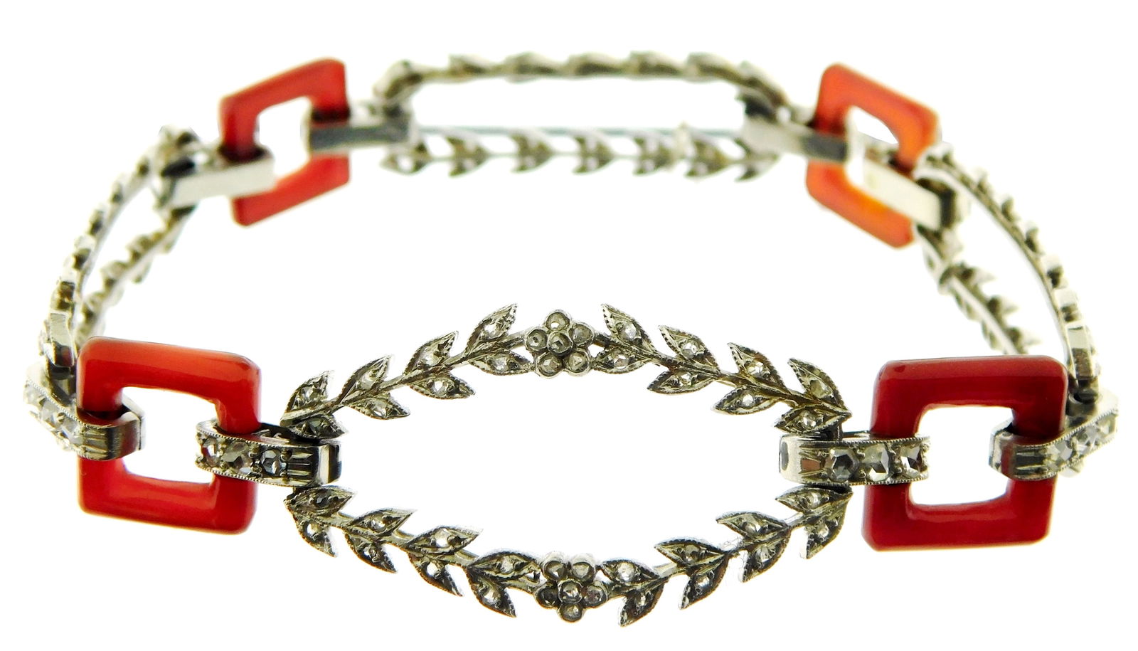 JEWELRY: Art Deco platinum diamond and carnelian bracelet, open design link bracelet, tested (1 of 3)