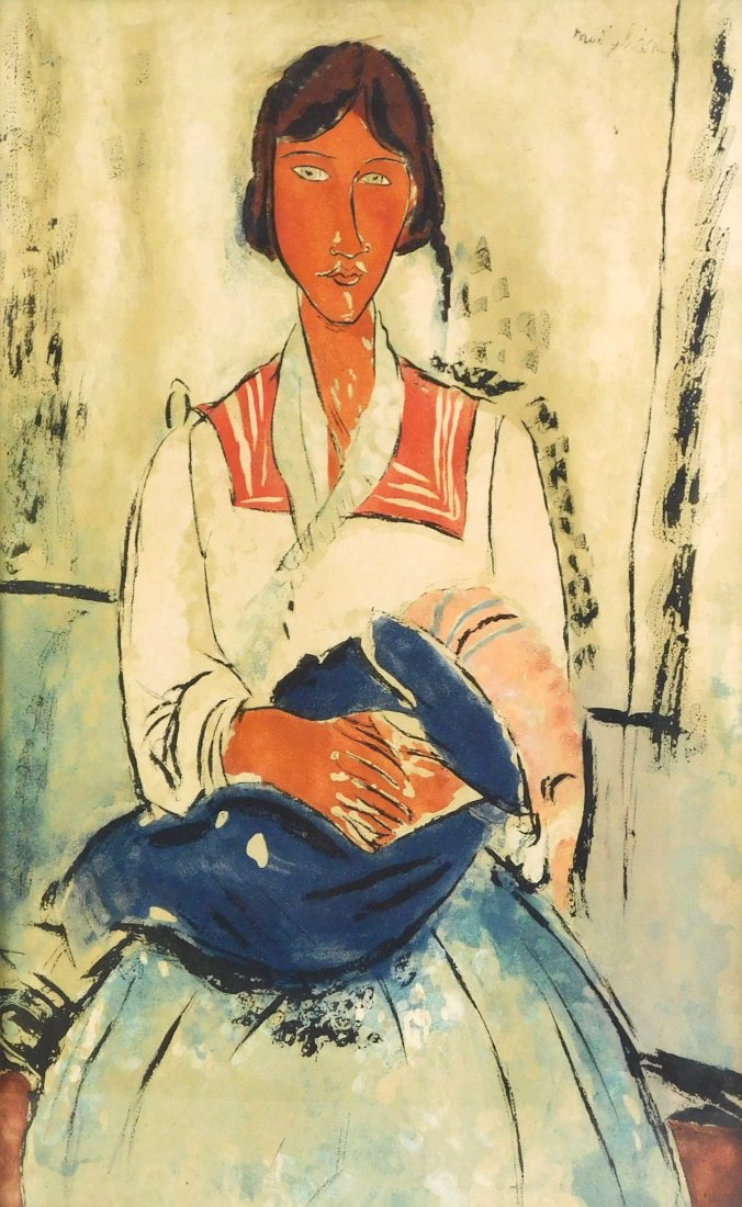 "L'Italienne", color aquatint and etching, depicting a seated woman with child in her arms, (1 of 7)