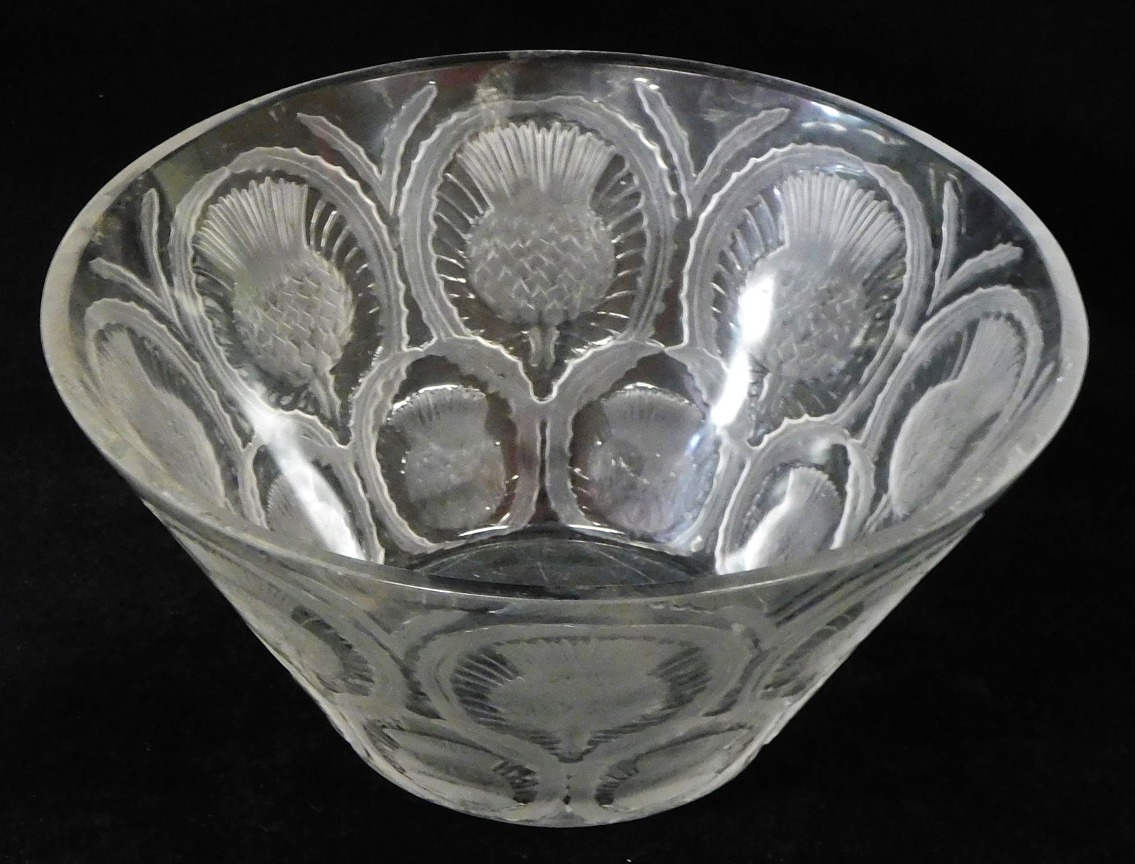 GLASS: Large Lalique cut glass serving bowl, flared rim, frosted and clear glass, thistle pattern, s (1 of 4)