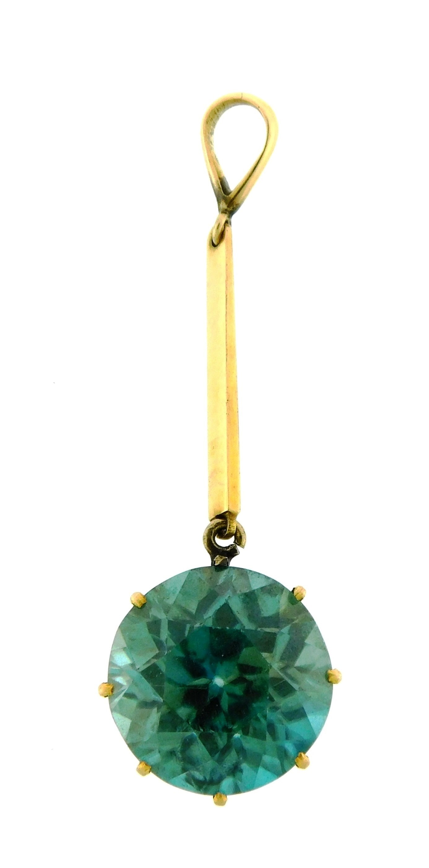 JEWELRY: Antique blue natural zircon pendant, tested 14K yellow gold pendant with bar- style bale (1 of 4)