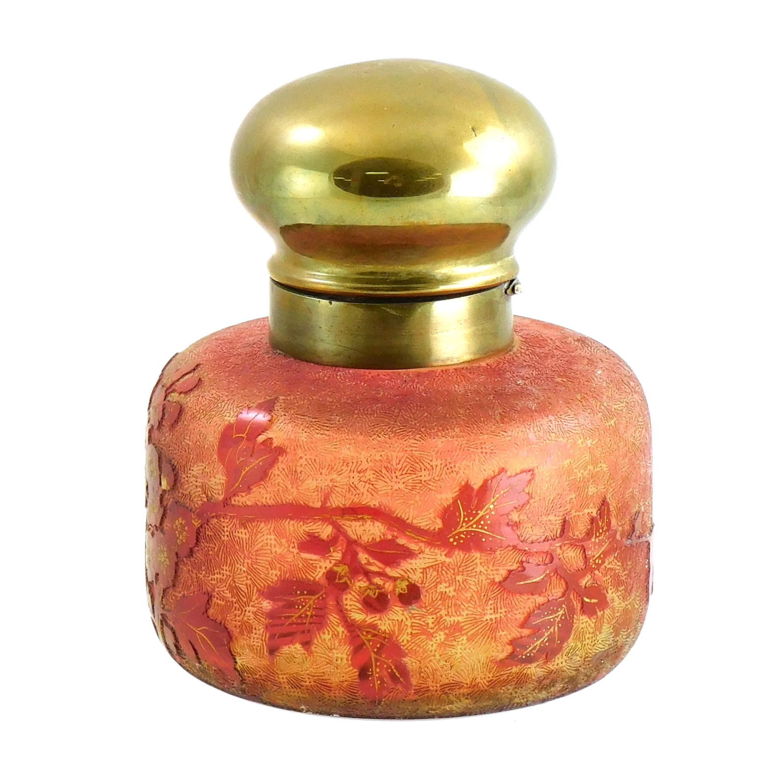 GLASS: Art Nouveau cameo cut glass inkwell, late 19th/early 20th C., in red glass with gilt (1 of 4)