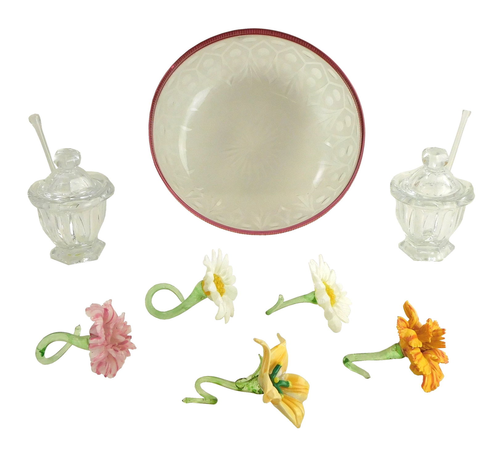 GLASS: Two Baccarat clear covered condiment dishes with spoons; five blown glass floral napkin (1 of 4)