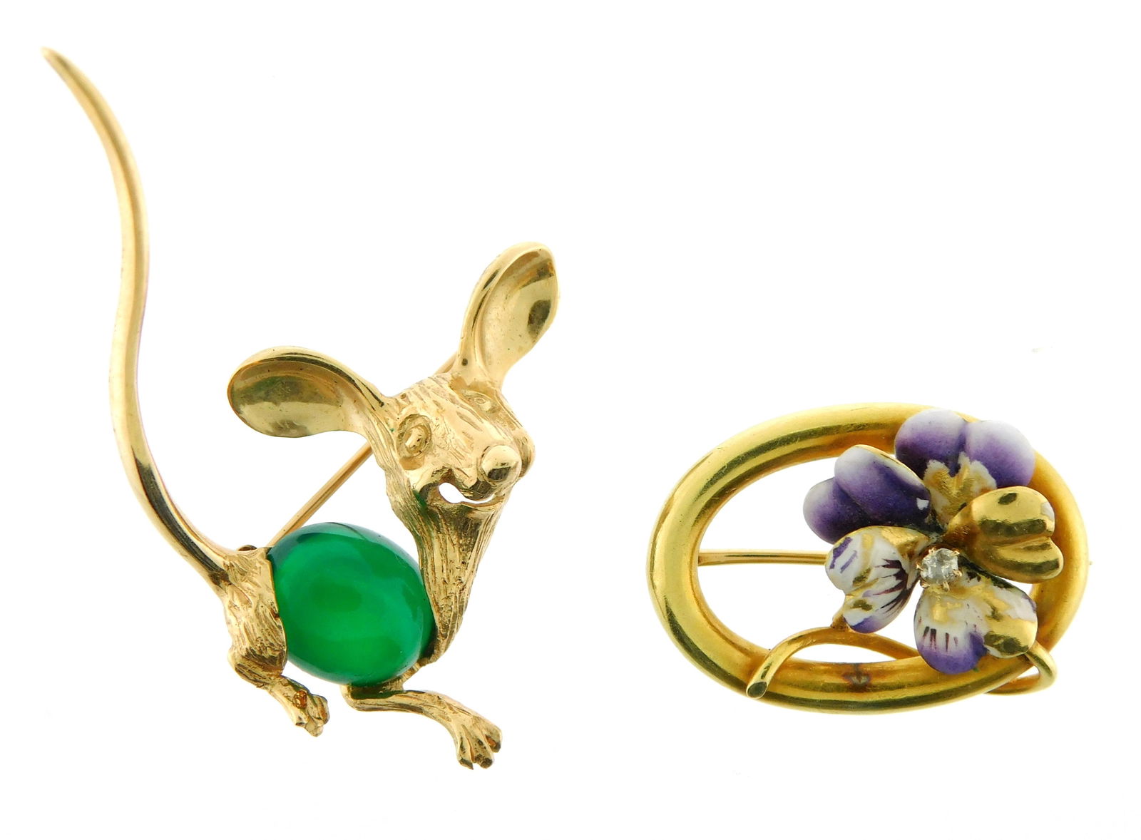 JEWELRY: Two 14K Gold Pins: a yellow gold Art Nouveau pansy pin, purple enameled pansy with one old (1 of 5)