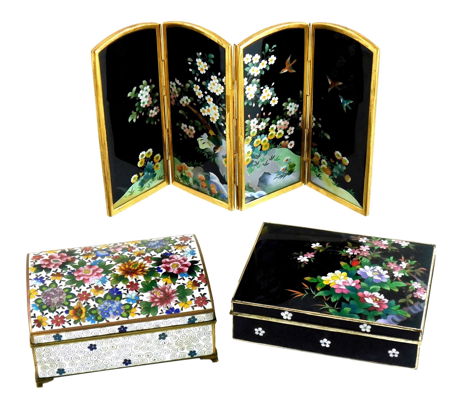 ASIAN: Japanese Inaba cloisonné tabletop folding screen and two boxes, including: four-part (1 of 5)