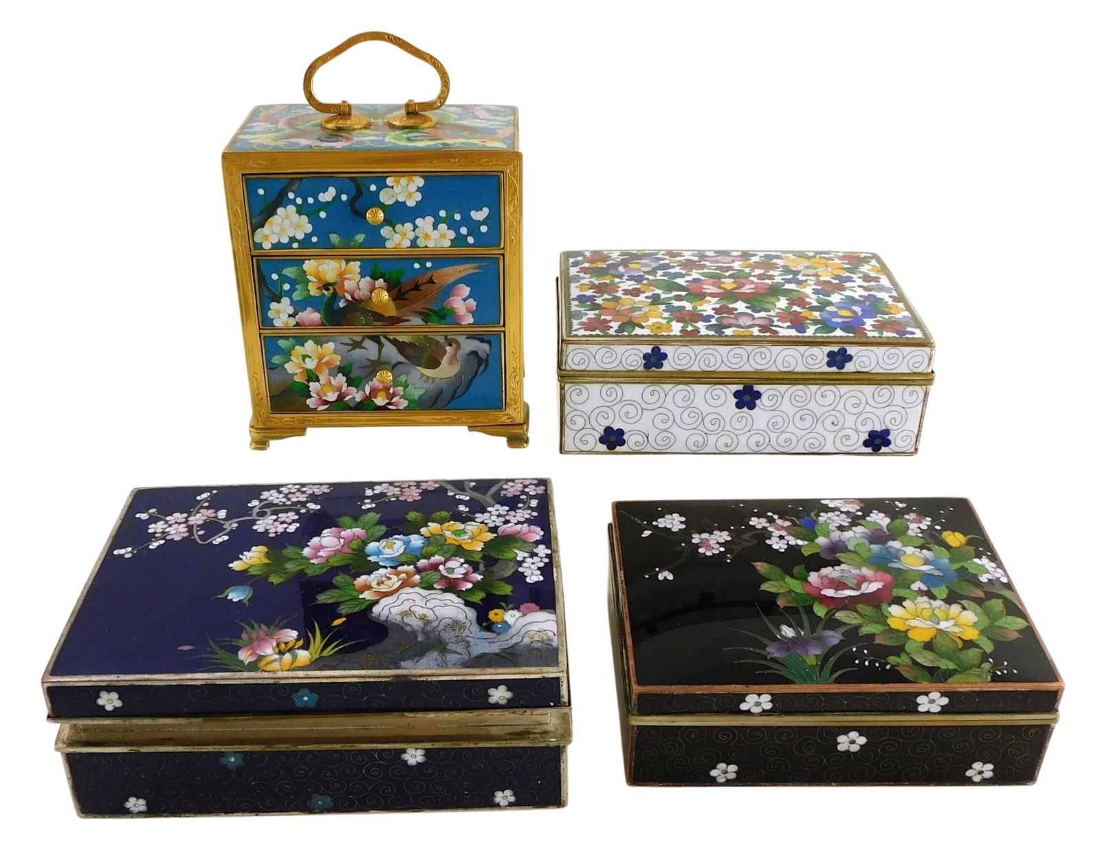 ASIAN: Four Japanese cloisonné jewelry boxes, including: 3-drawer miniature chest with birds and (1 of 7)