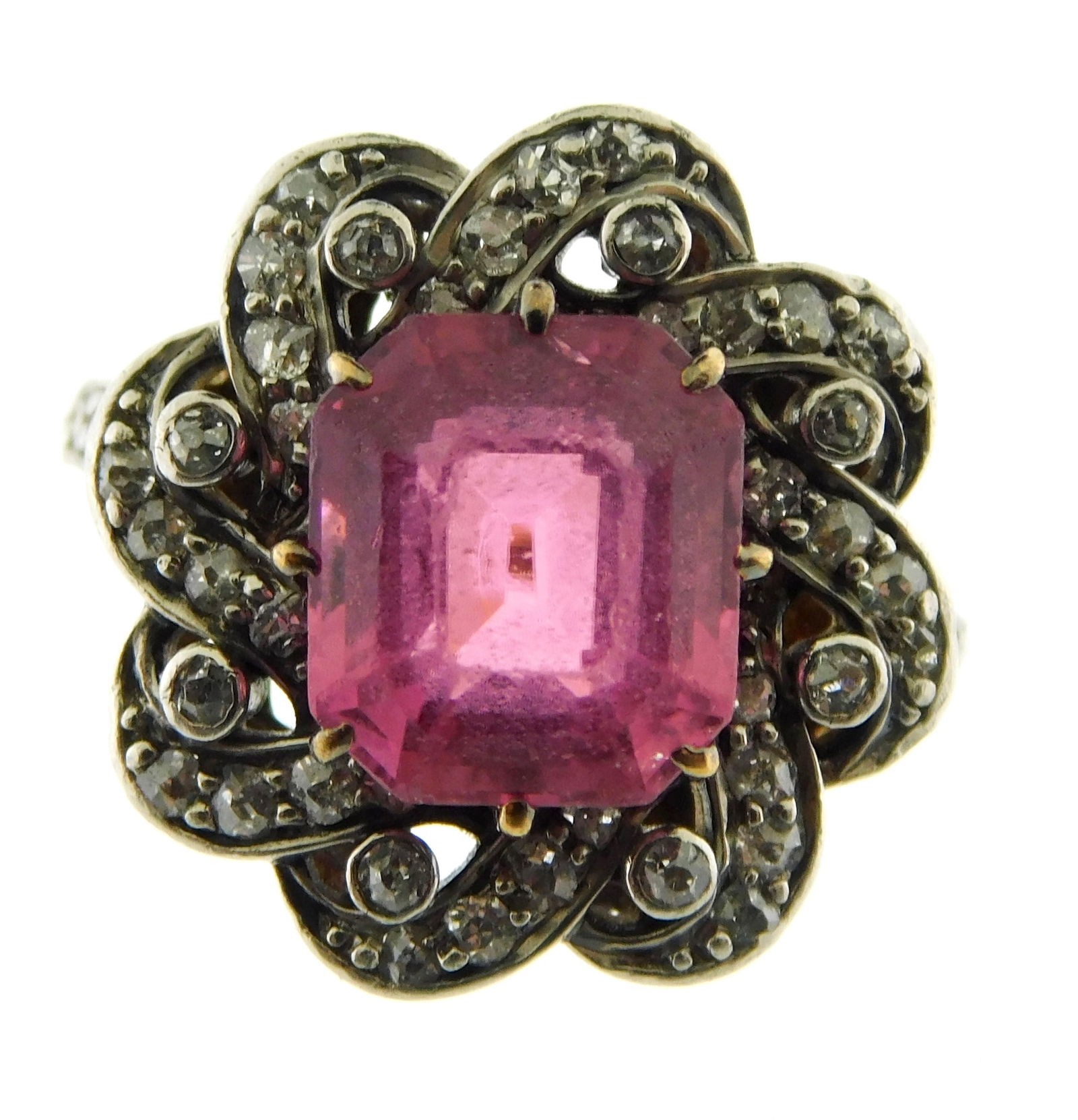 JEWELRY: Pink tourmaline and diamond ring, tested 14K yellow gold and platinum, with one claw- set (1 of 4)