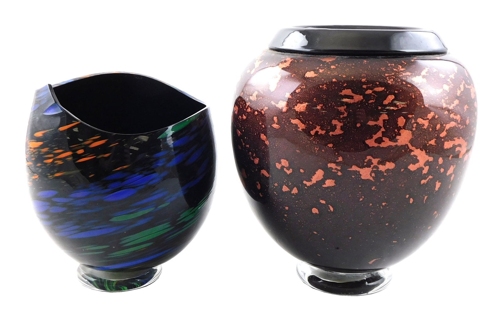 ART GLASS: Peter Greenwood (American, 1960-) two hand blown glass vases, the smaller with blue, (1 of 3)