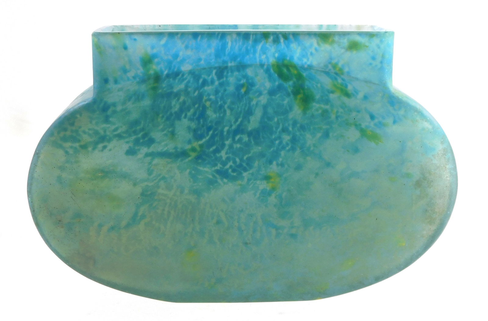 ART GLASS: Daum Nancy Pillow vase, French early 20th C., mottled colors of greens and blues with (1 of 4)