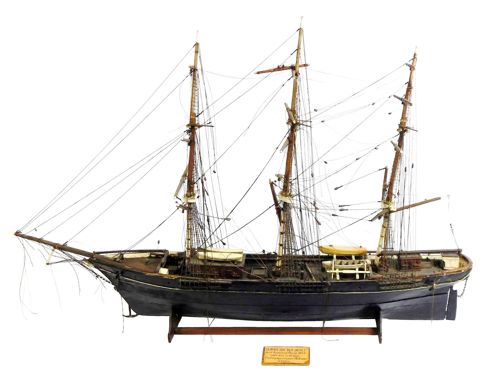 Ship model and base, early 19th C., three mast sailboat, "Clipper ship - Red Jacket", painted wood (1 of 7)