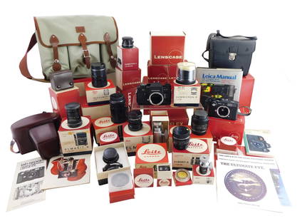 CAMERA: Leica photography equipment by Leitz, including: Leicaflex SL 2 camera; Leica CL camera;: CAMERA: Leica photography equipment by Leitz, including: Leicaflex SL 2 camera; Leica CL camera; nine lenses, Elmarit-R 1:2, 8/28 lens; Elmarit 1:2, 8/28 lens; Summicron-R 1:2/35 lens; Summicron 1:2/3