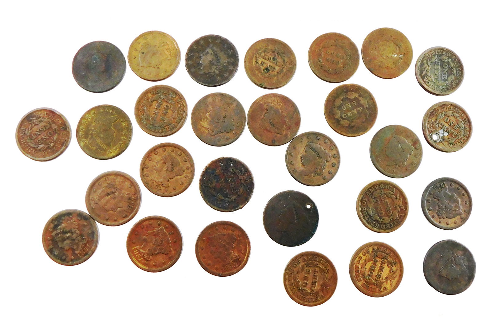 COINS: 28 US Large cents dated from 1812 to 1853. All are damaged to one extent or another. (1 of 2)
