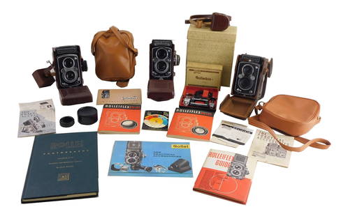 CAMERA: Three Rolleiflex cameras, each housed in a leather case, accompanied by accessories,: CAMERA: Three Rolleiflex cameras, each housed in a leather case, accompanied by accessories, including: Rolleiflex E3, c. 1961-1965, with Schneider Xenotar 75mm f/3.5 lens, light meter; Rolleiflex Aut