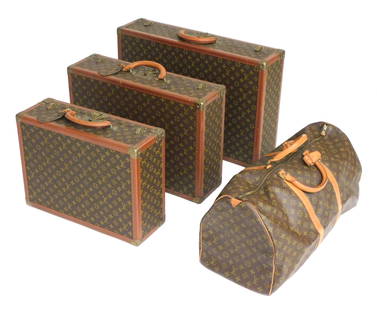 Three Louis Vuitton hard cases/ luggage, and one dufflebag, all hardware, escutcheons and leather: Three Louis Vuitton hard cases/ luggage, and one dufflebag, all hardware, escutcheons and leather trim with LV monogram, leather nail head border, classic brown and tan signature leather, including: t
