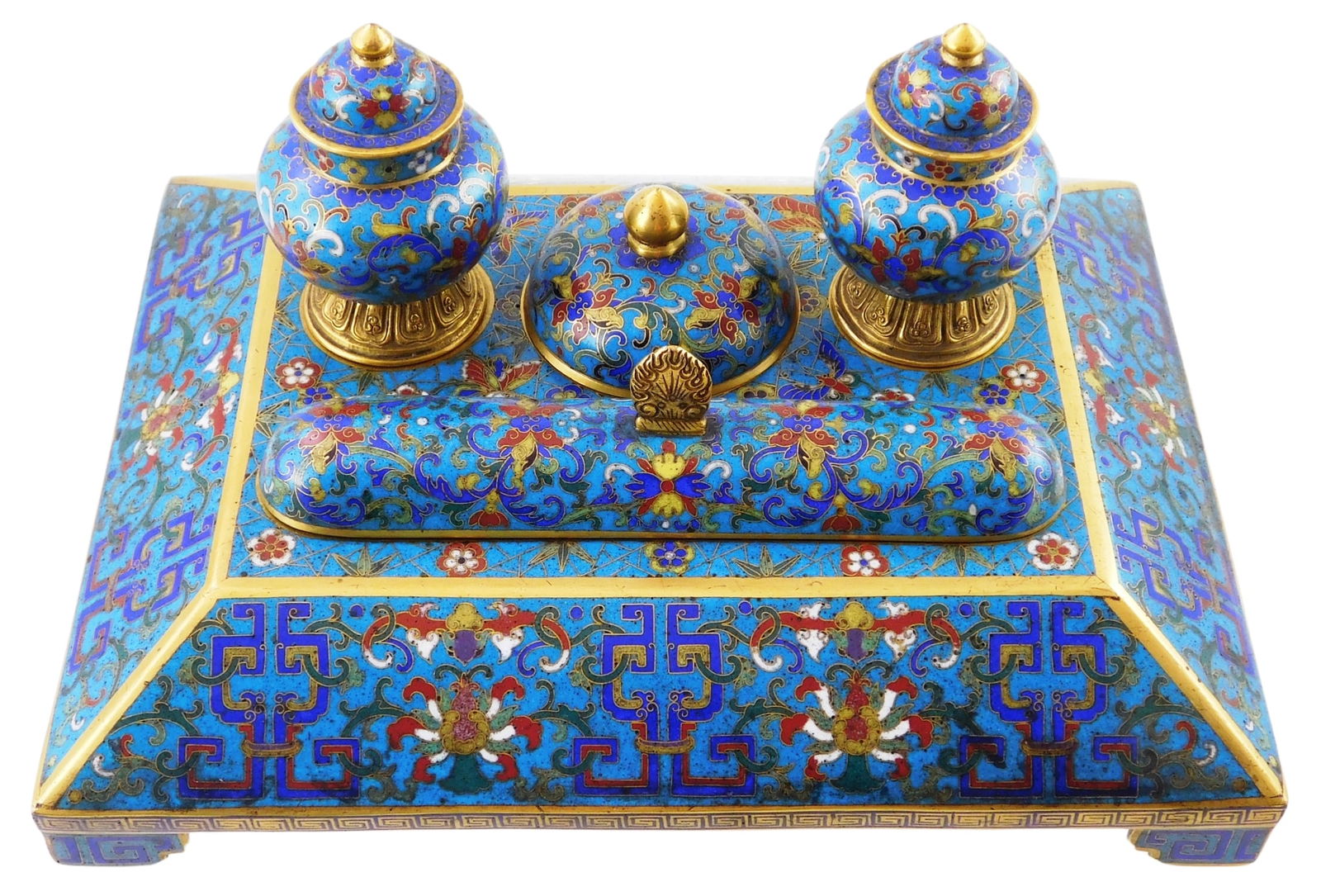 ASIAN: Chinese cloisonne enamel desk set, including dome lidded pen tray with pen cover, two lidded (1 of 5)