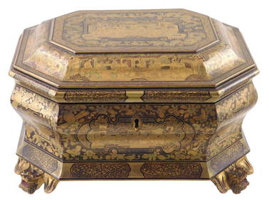 +ASIAN: Chinese export lacquered tea caddy, 19th C., with hinged lid and gilt decoration including c (1 of 8)