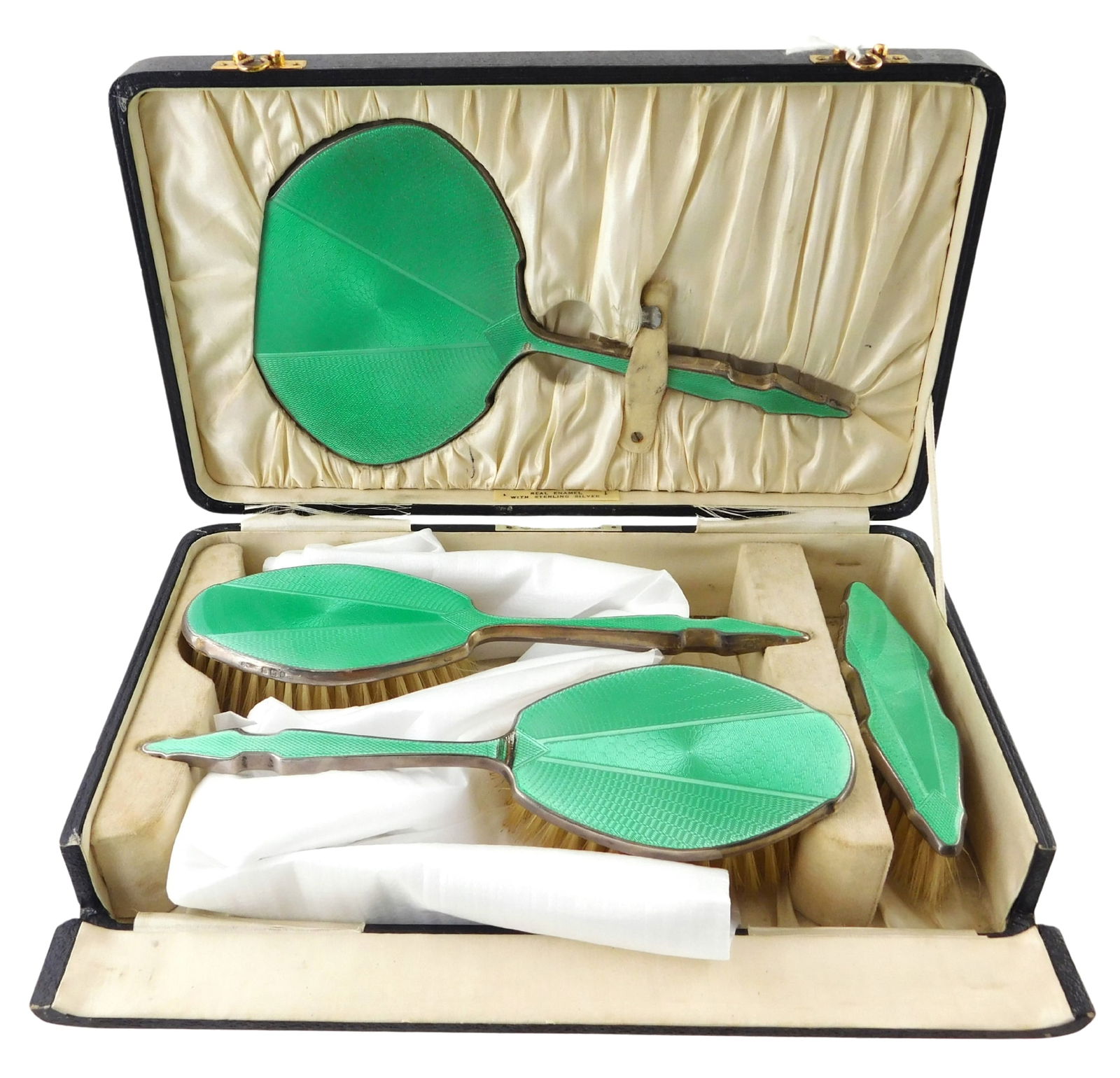 STERLING: English silver and green guilloche enamel vanity set, 19th C., Daniel Manufacturing (1 of 9)