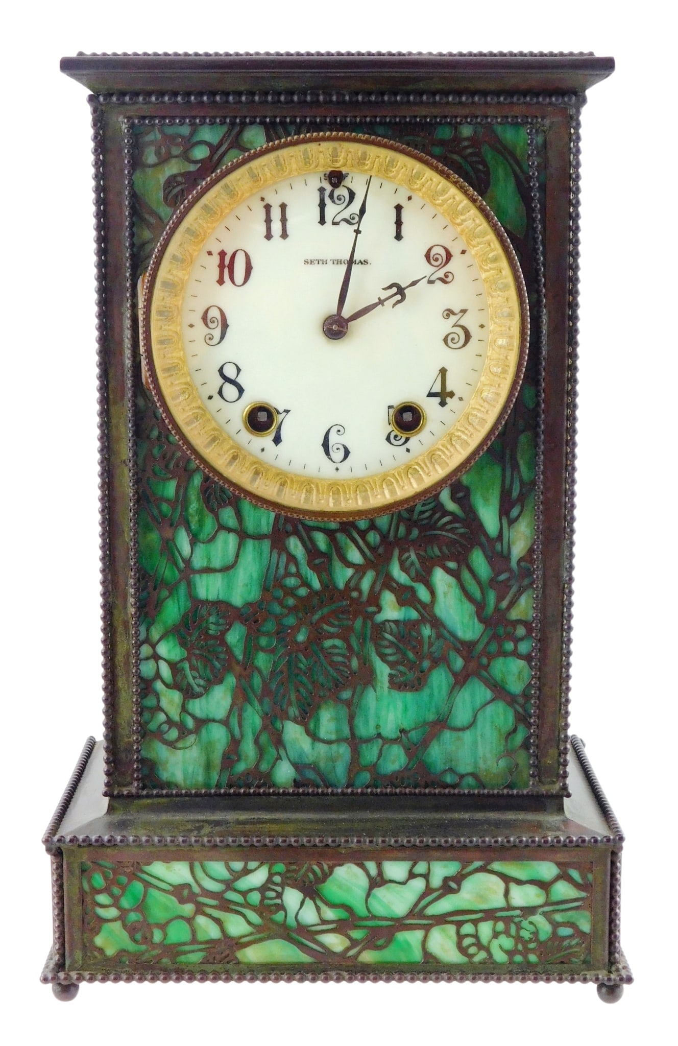 CLOCKS: Seth Thomas arts and crafts mantel clock, early 20th C., with Tiffany style grapevine bronze (1 of 10)
