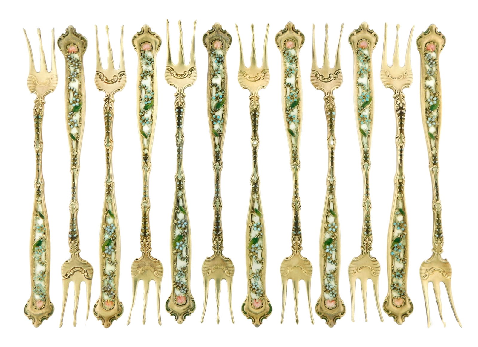 STERLING: Whiting, set of twelve sterling silver gilt seafood forks, trident style with enameled (1 of 5)