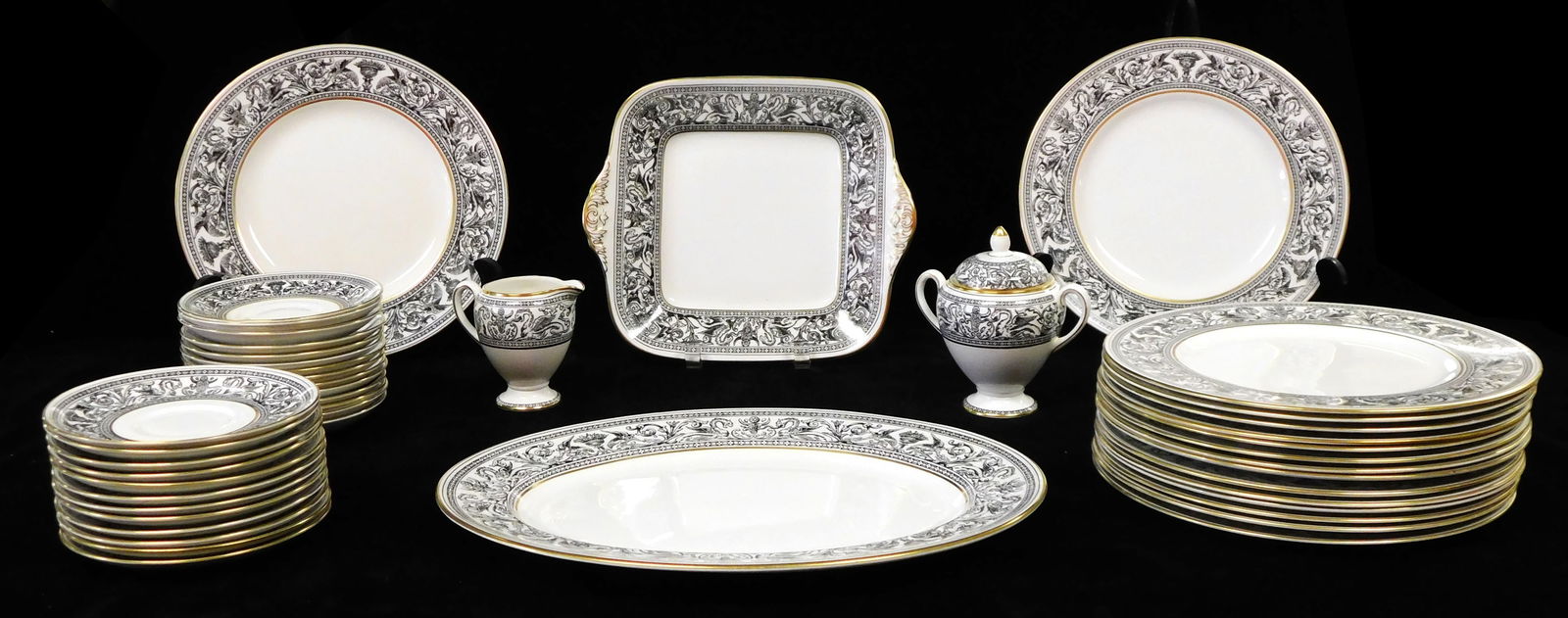 Wedgwood Florentine pattern dinnerware, forty-six pieces, each with black dragon and foliate designs (1 of 4)