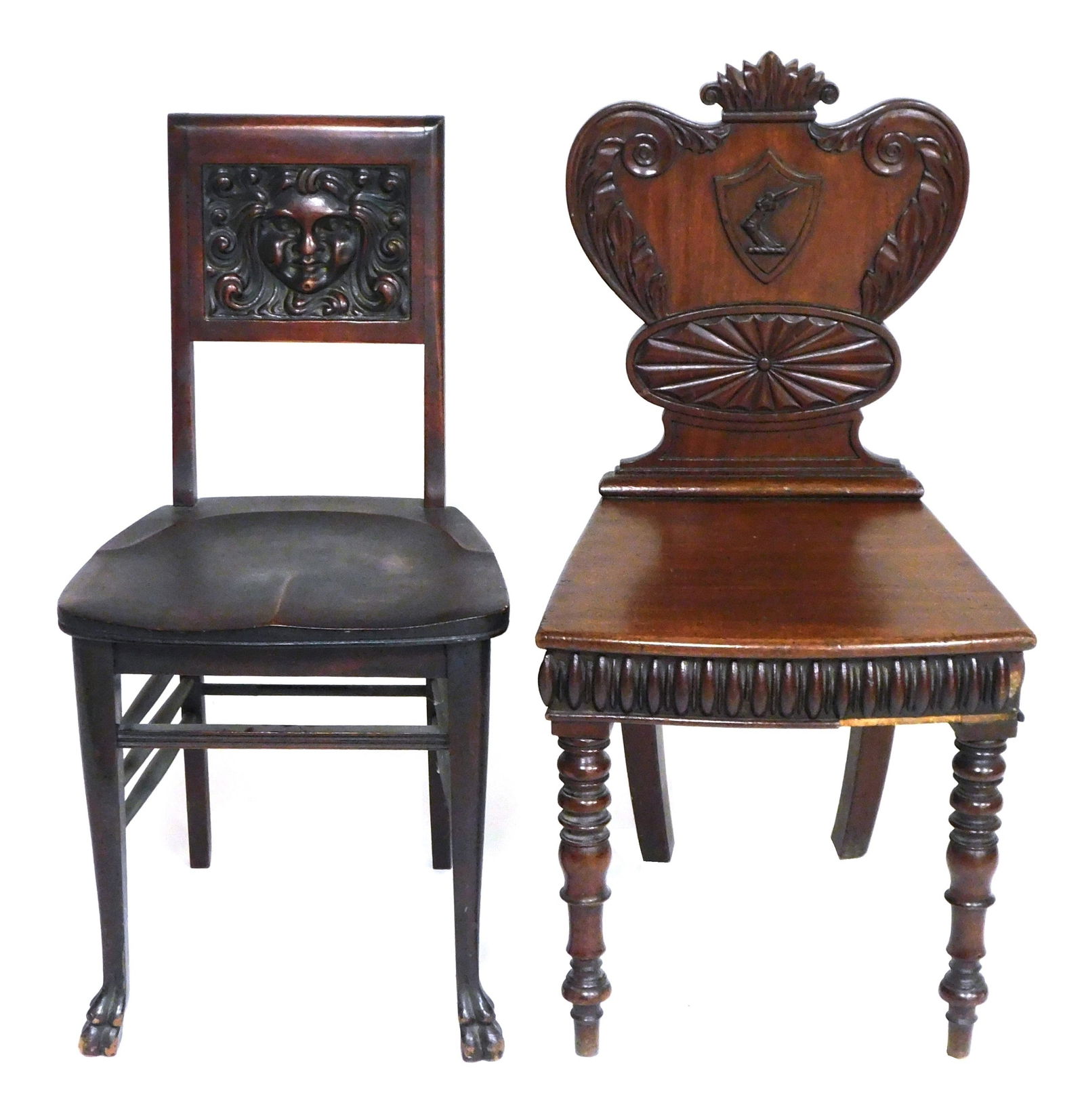 Two Victorian side chairs, 19th C., both with carved wood backs, including: maple chair with carved (1 of 4)