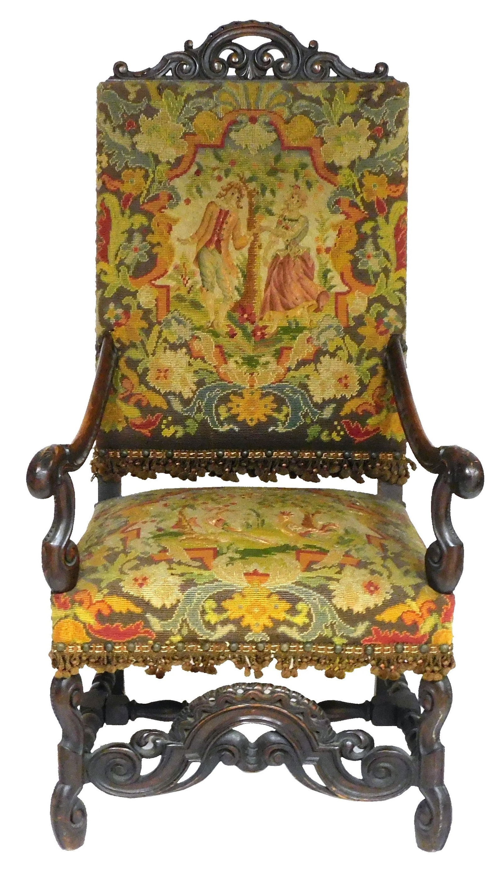 Armchair with needlepoint upholstery, French style, late 19th/ early 20th C., reproduction of 17th (1 of 4)