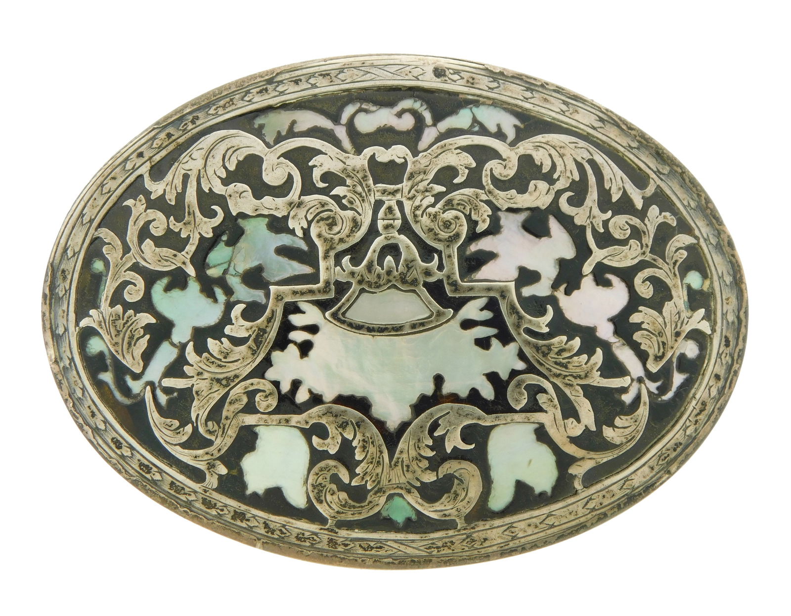 Georgian tortoiseshell snuff box with ornate silver and mother of pearl inlay, English, 18th C., (1 of 3)