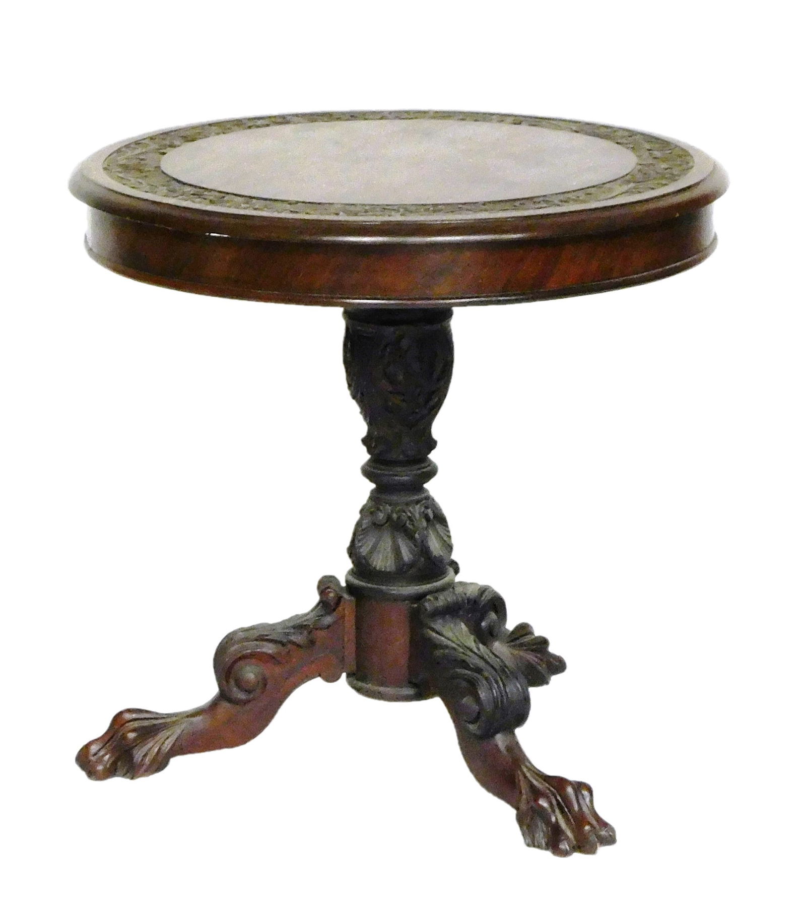 Empire Revival center table, late 19th C., mahogany, round top with relief carved outside border, (1 of 2)